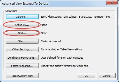 View Settings in Outlook Tasks