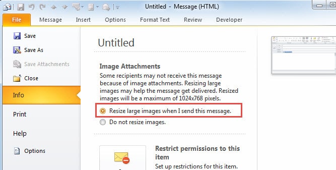 ridurre le dimensioni delle immagini rispetto a Outlook 2010