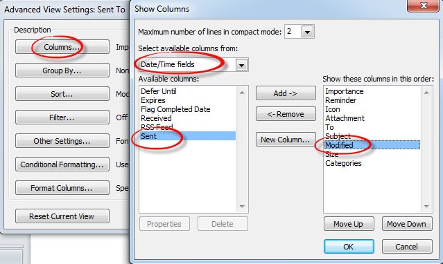 Show Columns in View Settings of Drafts Folder