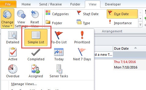 List View in Outlook Tasks