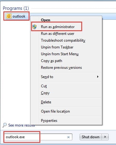 Run Outlook as Administrator