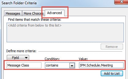 Specify the Search Folder Criteria for Meeting Messages