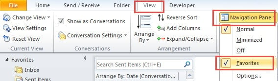 Turn on or off Outlook Favorites