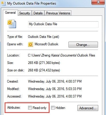 Verify If the Outlook File Is in Read Only Status