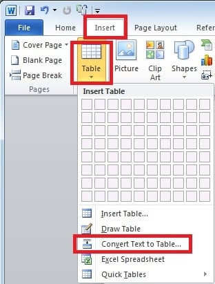 Choose “Convert Text to Table”