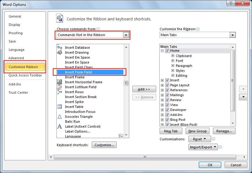 “Customize Ribbon” To Choose Command From