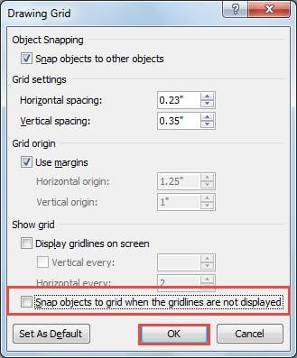 Deselect"Snap objects to grid when the gridlines are not displayed"