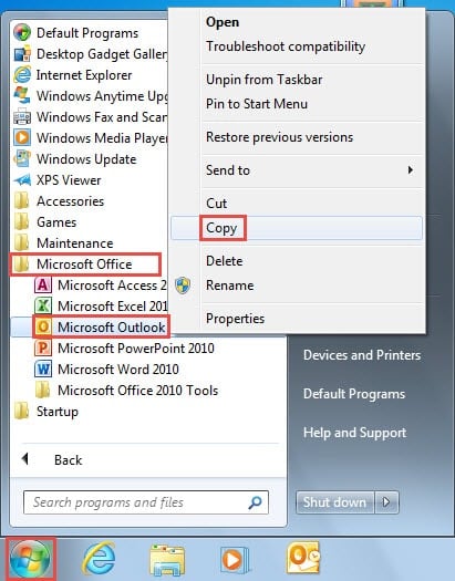 Copy MS Outlook Shortcut
