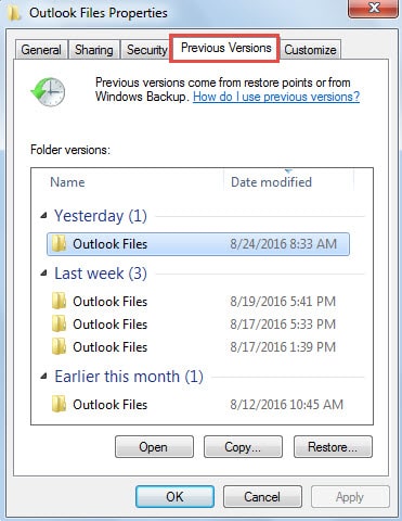 Folder Properties with Previous Versions Enabled