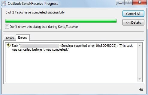 Outlook Error 0x80048002: This task was cancelled before it was completed