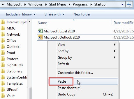 Paste Outlook Shortcut to Startup Folder