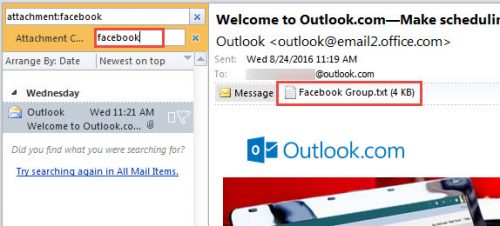 outlook find email by attachment name