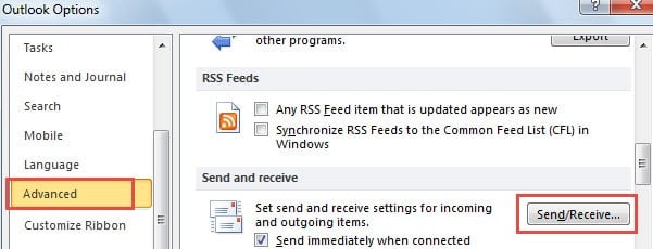 Send/Receive Button in Outlook Options