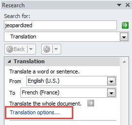 Translation Options in Resaerch Pane