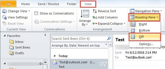 Turn off Reading Pane