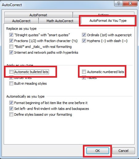 Deselect “Automatic bulleted lists” and “Automatic numbered lists”
