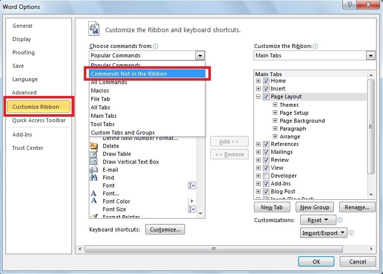 Select “Commands Not in the ribbon” 