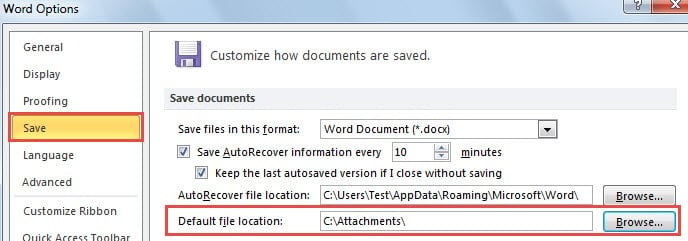 Default File Location in MS Word