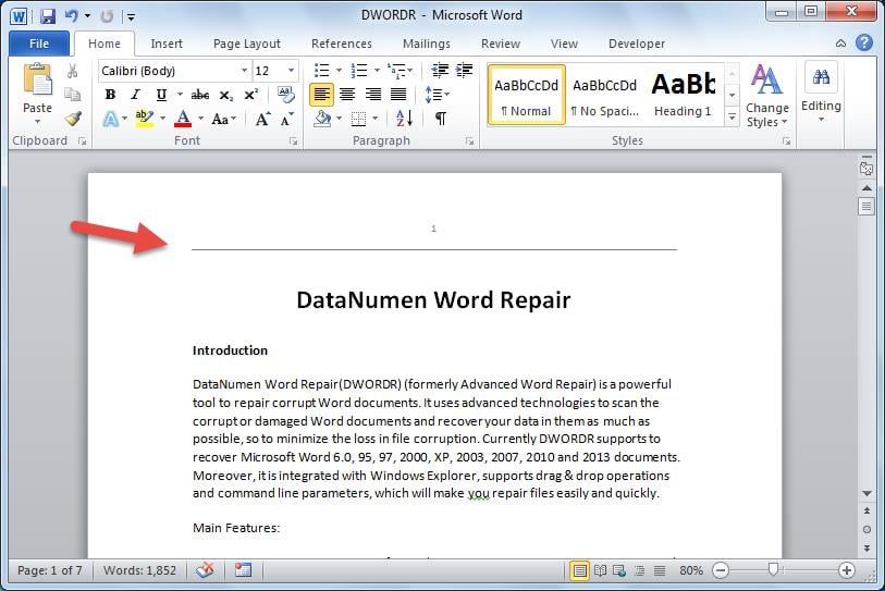 Find an unwanted horizontal line after you insert header or footer