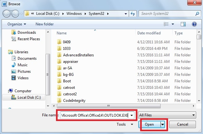 Input the default file path of Outlook icons