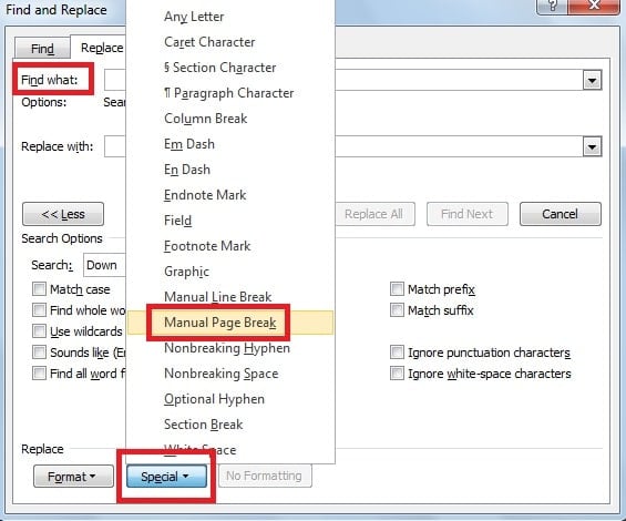  Click “Special” and then select “Manual Page Breaks”