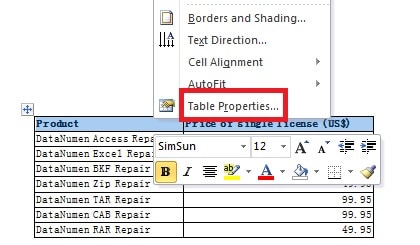  Select “Table Properties”