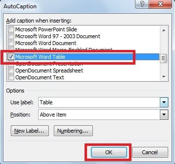  Tick the “Microsoft Word Table” checkbox