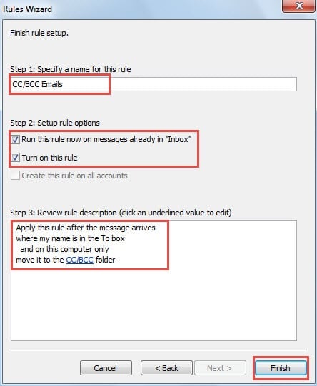 Finish the Rule for the Emails CC'd or BCC'd to You