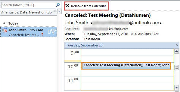 Remove from Calendar in Reading Pane