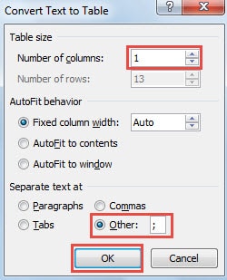 Speicfy the Table Values