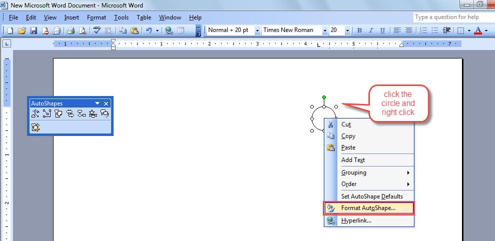 Click the Circle Area and Right Click to Click "Format AutoShape"