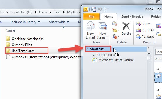 Add User Templates Folder to Outlook Shortcuts