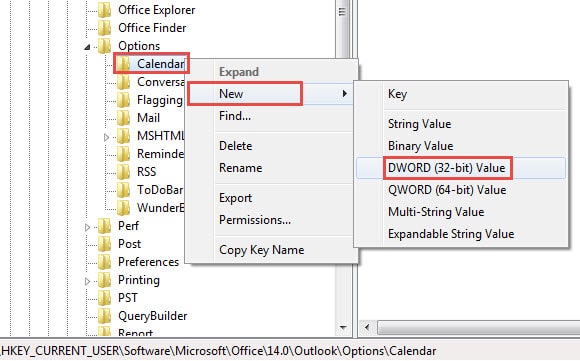 Create a New DWORD Value in Calendar