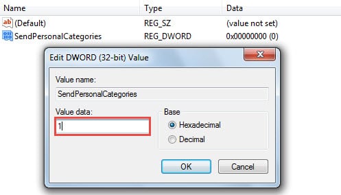 Create a New DWORD Value of SendPersonalCategories