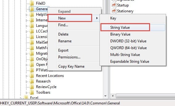 Create a New String Value under General