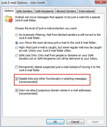 Disable links and other functionality in phishing messages