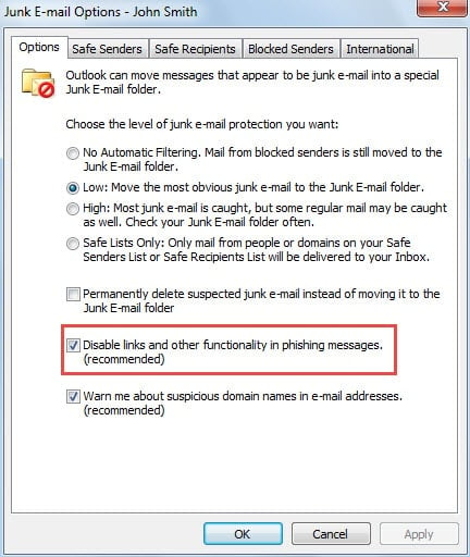 Disable links and other functionality in phishing messages