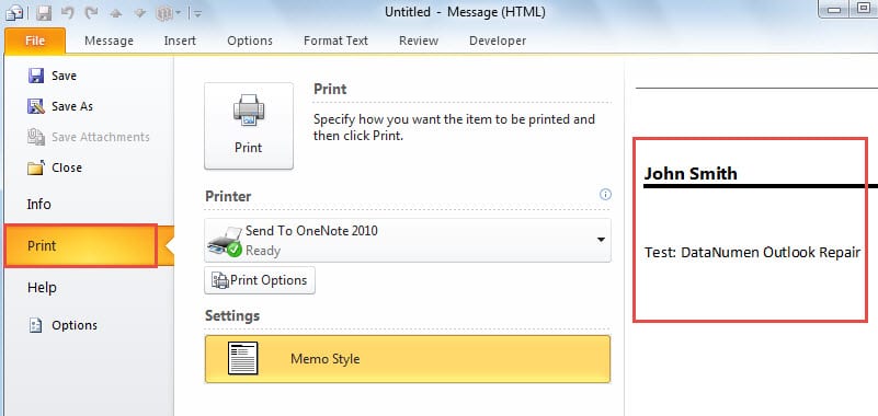 Print an Outlook Email without Header Username