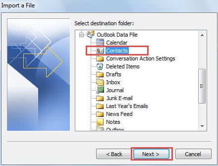 Select target contact folder