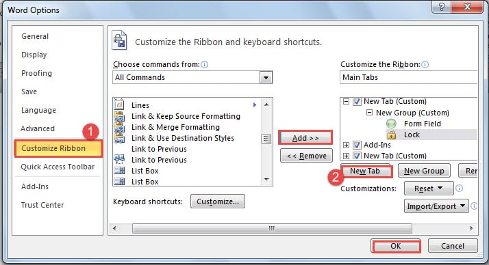 Add "Lock" and "Form Field" in "Word Options"