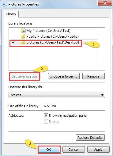 Click "Pictures" File-> Click "Set save location"-> Click "OK"