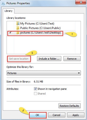 Click "Pictures" File-> Click "Set save location"-> Click "OK"