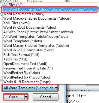 Choose "All Word Documents" Instead of "All Word Templates" ->Click "Open"