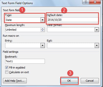 Choose Date for Type ->Type Default Date ->Click "OK"