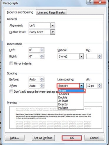 Choose "Single" for "Line spacing" -> Click "OK"