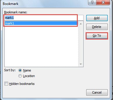 Choose the Bookmark ->Click "Go to" Button