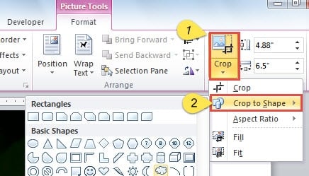 Click "Crop" in "Size" Group ->Click "Crop to Shape" ->Choose a Shape