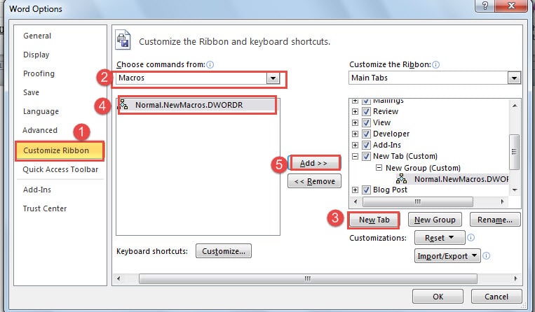 Click "Customize Ribbon" ->Choose "Macros" ->Click "New Tab" or 'New Group" ->Click the Macro Command ->Click "Add"