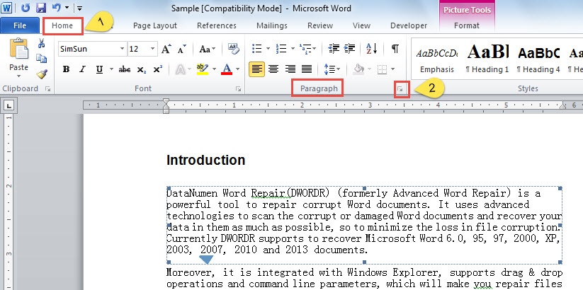 Click "Home" -> Click "Paragraph" in "Paragraph" Group