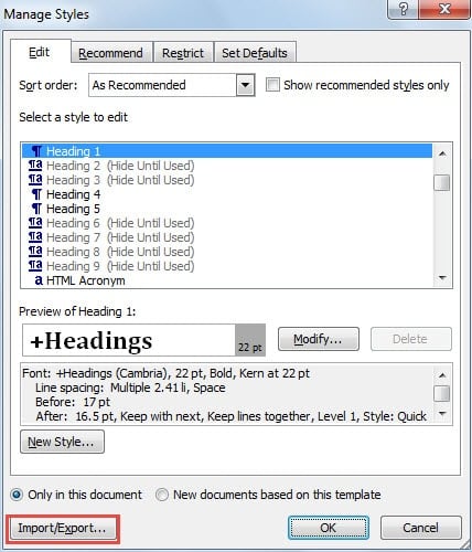 Click "Import/Export" Button in "Manage Styles" Window